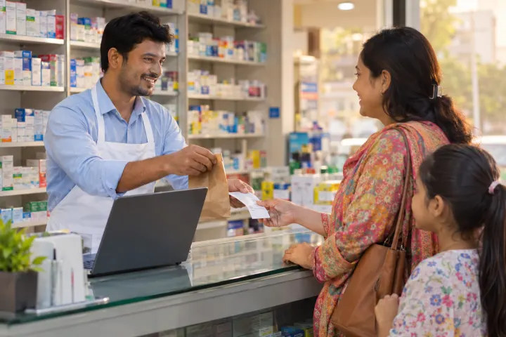 Zara POS ব্যবহার করে ফার্মেসীর কাউন্টারে ল্যাপটপে বিল করে মা ও মেয়ের হাতে ঔষধ আর রসিদ দিচ্ছেন ফার্মাসিস্ট